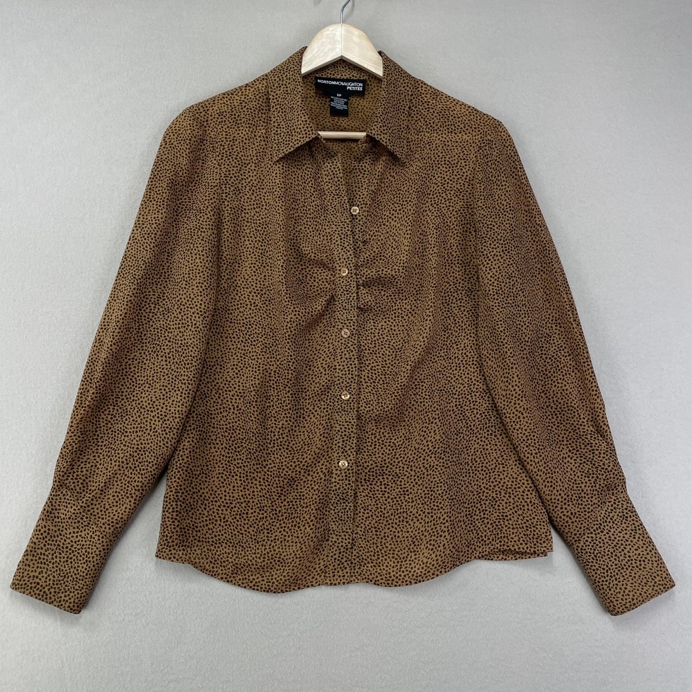 Y2K Animal Print Blouse Womens 6P Brown Button Front Semi Sheer Long Sleeve 90s